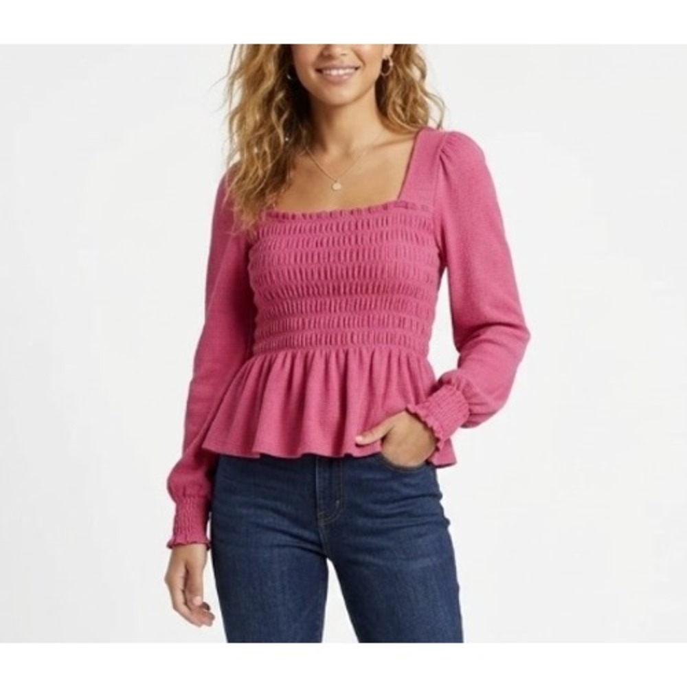 New Altar'd State Top Medium Pink Smocked Baby-doll Waffle Knit Feminine Blouse